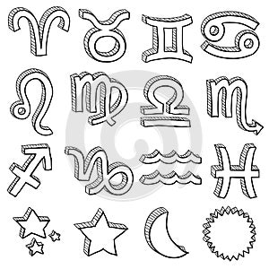 Zodiac symbol doodle set vector