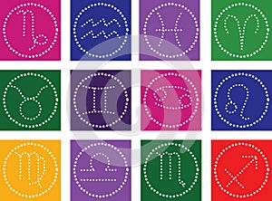 Zodiac Symbol icons on color background.