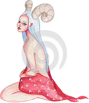 Zodiac watercolor girl illustration, sign. Aries