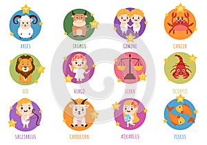 Zodiac Wheel Astrological Sign with Symbol Twelve Astrology Names, Horoscopes or Constellations in Cartoon Character Illustration