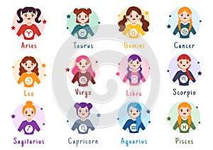 Zodiac Wheel Astrological Sign with Symbol Twelve Astrology Names, Horoscopes or Constellations in Cartoon Character Illustration