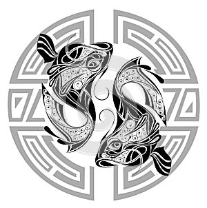 Zodiac wheel with sign of Pisces.Tattoo design