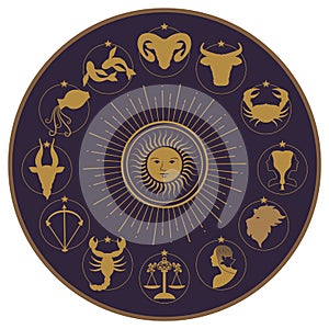 Zodiac wheel on starry sky, sun, moon and stars
