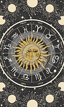 Zodiac wheel with sun and moon signs, astrology card, mystical horoscope symbols on a black background, magical vector