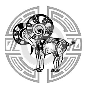 Zodiac whell with sign of Aries. Tattoo design.