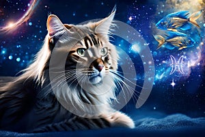 Zodiacal sign Pisces with its cosmic cat guardian over starry universe