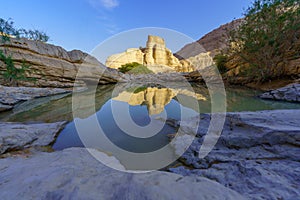 Zohar stronghold, and winter puddle, Judaean Desert