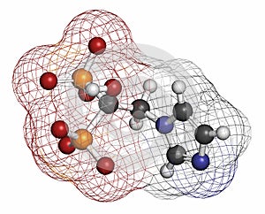 Zoledronic acid (zoledronate) osteoporosis drug molecule (bisphosphonate class). Atoms are represented as spheres with