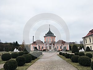 Zolochiv/Ukraine - 17 Nov 2019: Renaissance landmark in Ukraine. Panoramic view of Zolochiv castle with beautiful yard with green