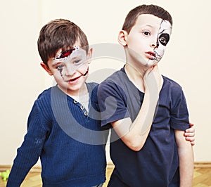 Zombie apocalypse kids concept. Birthday party celebration facepaint on children dead bride, scar face, zombie skeleton