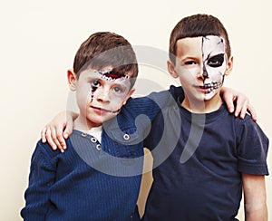 Zombie apocalypse kids concept. Birthday party celebration facepaint on children dead bride, scar face, zombie skeleton