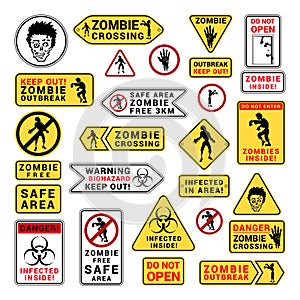 Zombie attention beware and caution sign set