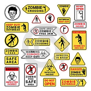 Zombie attention beware and caution sign set photo