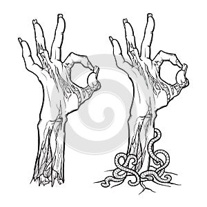 Zombie body language. OK Sign. lifelike depiction of the rotting flesh