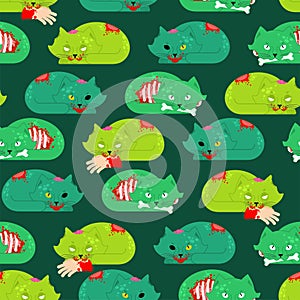 Zombie cat pattern seamless. Pet zombi background. Kitten revived dead texture. kitty Green monster ornament