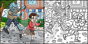 Zombie Chasing A Child Coloring Page Illustration