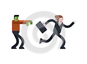 Zombie is chasing man. Zombi running after guy. Green walking dead haunts man. vector illustration