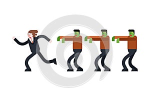 Zombie is chasing man. Zombi running after guy. Green walking dead haunts man. vector illustration