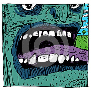 Portrait of a zombie very close, teeth, nose, tongue, eyes, against the backdrop of the landscape. Color illustration, can be usef