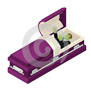 Zombie in coffin. Green dead man lying in wooden casket. Corpse