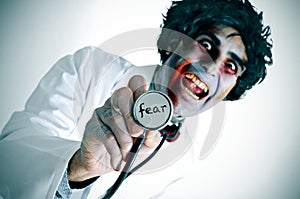 A zombie doctor with the word fear written in his stethoscope