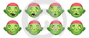 Zombie emoji. Cartoon zombies avatars, comic head with brain emoticon dead face logo, spooky scary halloween monster