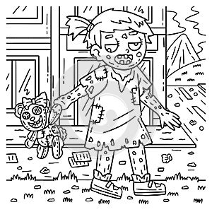 Zombie Girl with Plushie Coloring Pages for Kids