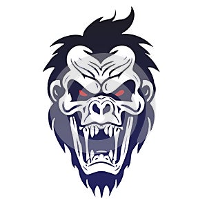 A zombie gorilla head, roaring. Vector illustration on white background