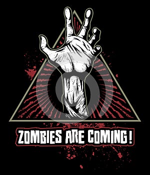 Zombie hand with the bloody stains on background, vector logo.