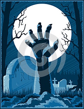 Zombie Hand Cemetery Halloween Vintage Background Horror Print P
