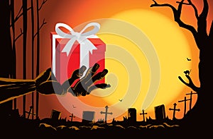 Zombie hand holding gift box at the grave