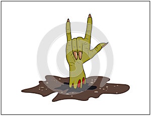 Zombie hand Horns, satan sign out of ground halloween vector. realistic cartoon illustration on white background.