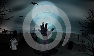 Zombie hand rising from the grave. Graveyard with tombstones and moon. Halloween background. Vector