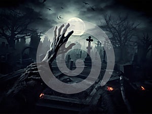 Zombie hand rising out of the grave in a dark night