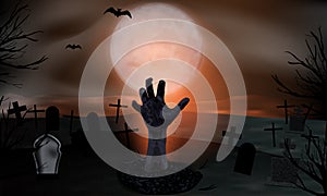 Zombie hand rising out from the ground. Halloween background. Graveyard with tombstones and moon. Vector
