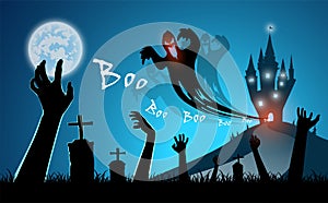 Zombie hand silhouette in grave,illustration blue background