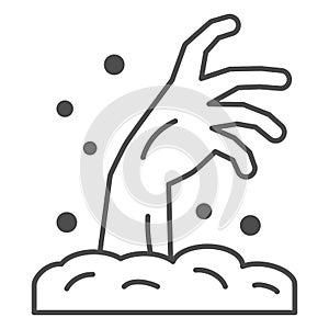 Zombie hand thin line icon, Halloween concept, Hand in ground sign on white background, Zombie hand rising out of ground