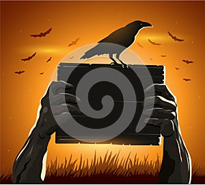 Zombie hands holding sign with blank card as a creepy halloween or scary symbol crow