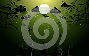 Zombie hands and old trees on full Moon background. Happy Halloween design illustration.