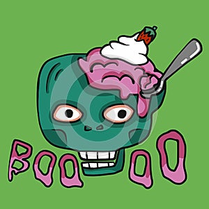 Zombie head with brain ice-cream cartoon illustration