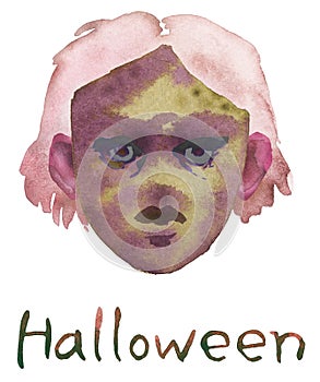 Zombie head, watercolor painting. Infected face for Halloween poster. Infected little girl with pink hair