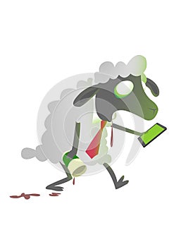 Zombie office sheep stumbling with smartphone and coffee