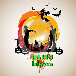 Zombie party. Halloween, witch, hat, holiday, black, silhouette, cartoon, night