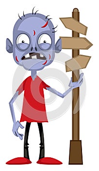 Zombie with road sign, illustration, vector