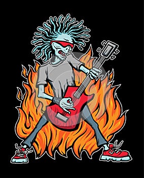 Zombie rocker playing rock on a red guitar