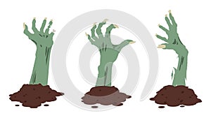 Zombie scrawny hands. Cartoon spooky monsters bony arms sticking out of ground, Halloween creepy hands decoration flat vector