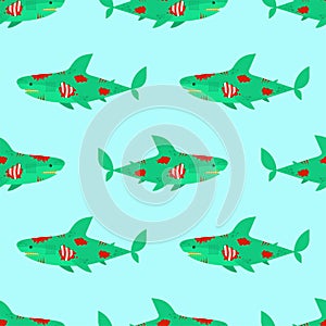 Zombie shark pattern seamless. sea predator is dead background. Green monster fish ornament