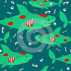 Zombie shark pattern seamless. sea predator is dead background. Green monster fish ornament