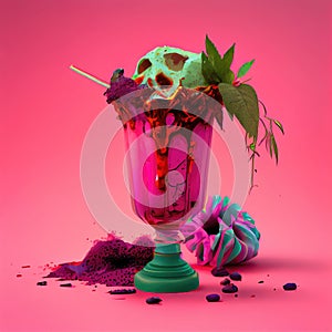 Zombie Tiki Cocktail, Mocktail with Skull, Halloween Party Coctail, Autumn Drink, Abstract Generative AI Illustration