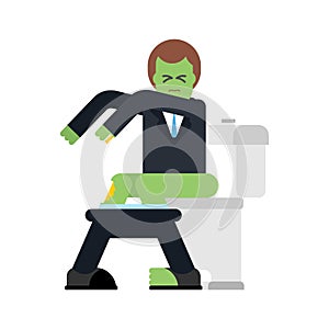 Zombie on toilet. Green dead man in WC. Vector illustration